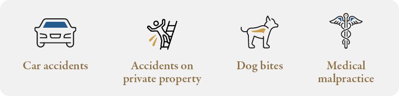 Common injuries with insurance policies include car accidents, dog bites, accidents on private property & medical malpractice.